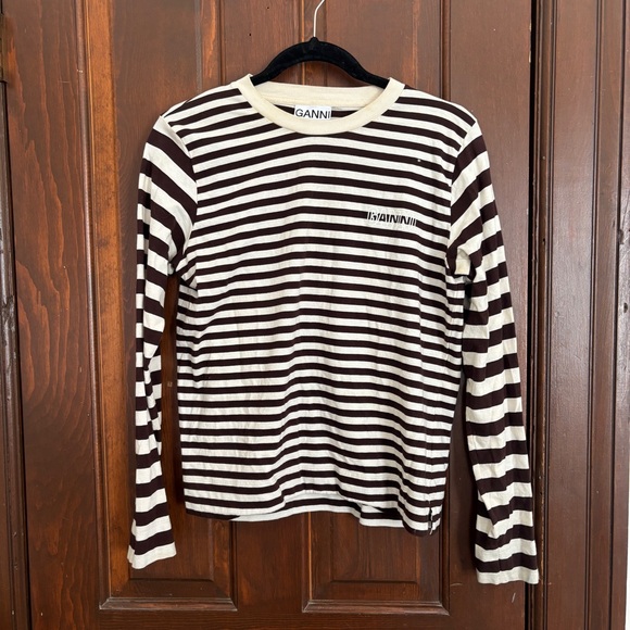 Ganni Long Sleeved Brown Striped Shirt S - Picture 1 of 6